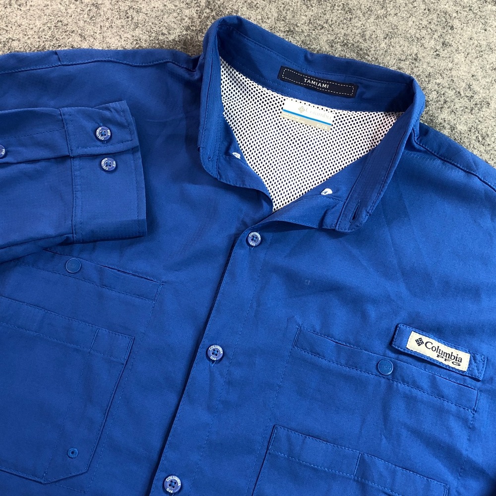 Columbia Mens Fishing Shirt XL Blue Tamiami PFG Long Sleeve Vented UPF 40
